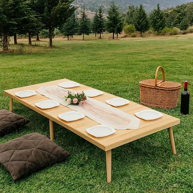 Portable Wooden Folding Table, Picnic Table，Floor Table，Natural Pine, 43x21 Inch, Low Height Design for Picnic, Camping, Coffee Service, Bohemian Style