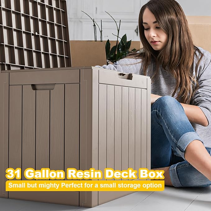 30 Gallon Resin Deck Box, Lockable Outdoor Storage Box for Patio Cushions Storage Furniture,Garden Tools, Pool Supplies, Weatherproof and UV Resistant- Grey