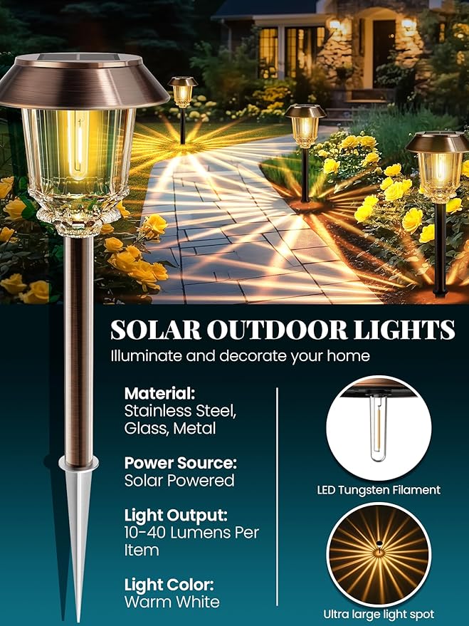 Solar Lights Outdoor Waterproof,6 Pack Bronze Pathway Lights with 10-40 LM Dimmable Glass and Metal, Solar Powered Garden Decor for Yard,Patio,Pathway,Driveway(Warm White)
