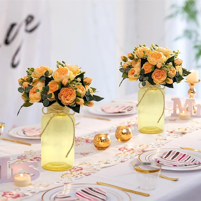 Vintage Glass Flower Vase，12 Pack Gold Amber Farmhouse Glass Centerpiece Vases Mason Jars for Weddings, Parties & Home Decor Bulk (12, Gold)