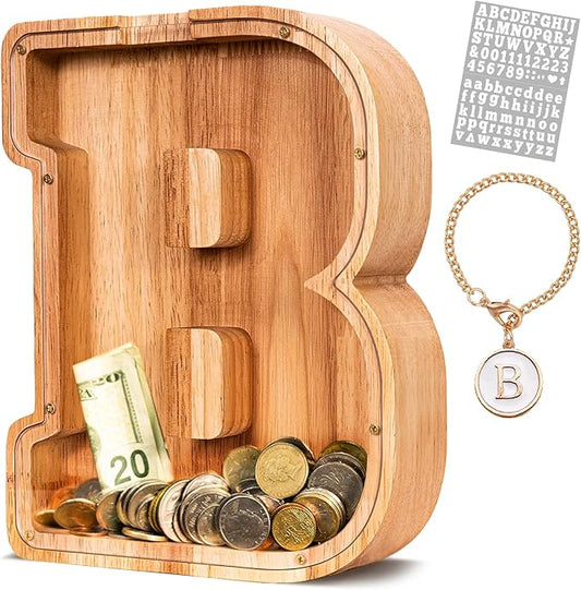 KMC Wooden Letter Piggy Bank, Personalized Initial Piggy Bank for Kids Boys, Clear Alphabet B Wood Money Box, Unbreakable Coin Saving Jar, Birthday, for Children