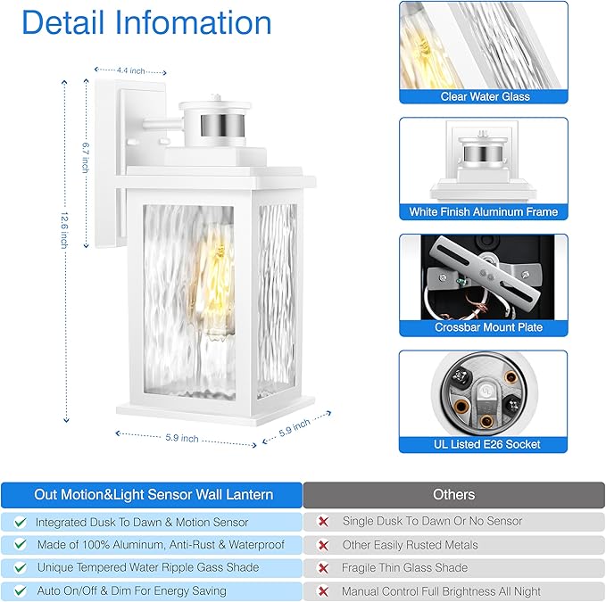 VIANIS Motion Sensor Outdoor Lights, White Dusk to Dawn Outdoor Lighting Wall Mount, Aluminum Waterproof Modern Exterior Garage Lights, Outdoor Lanterns for Front Porch Patio, Entryway, Front Door…