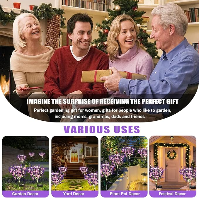 Solar Garden Lights Outdoor, 2 Pack Purple Lavender Solar Butterfly Lights Gardening Gifts for Women, Purple Solar Artificial Flower with Butterfly Purple Garden Decor for Lawn Patio-Warm White