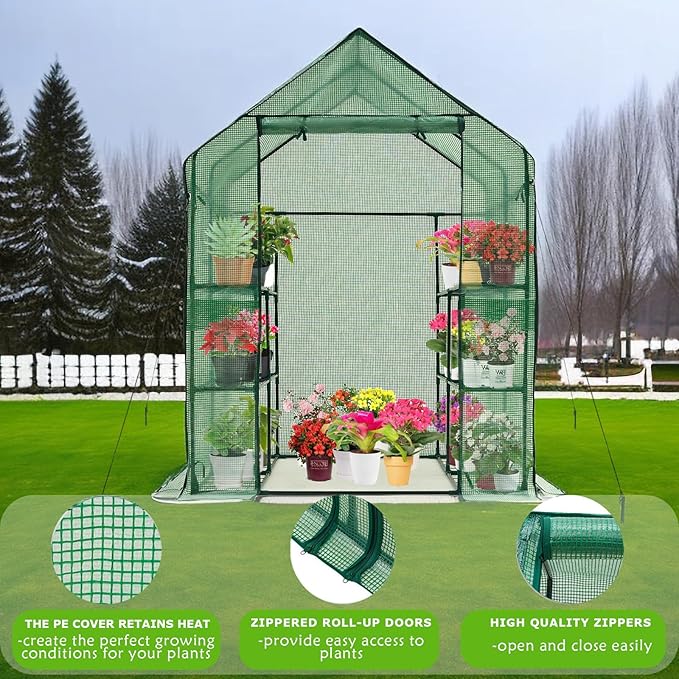 Walk-in Greenhouse w/ Roll-Up Zipper Door & Screen Windows-3 Tiers 12 Shelves 56x56x76“ PE Greenhouse for Outdoor Gardening Plants Cold Frost Protection Wind Rain Proof(PLGHW002G-N)