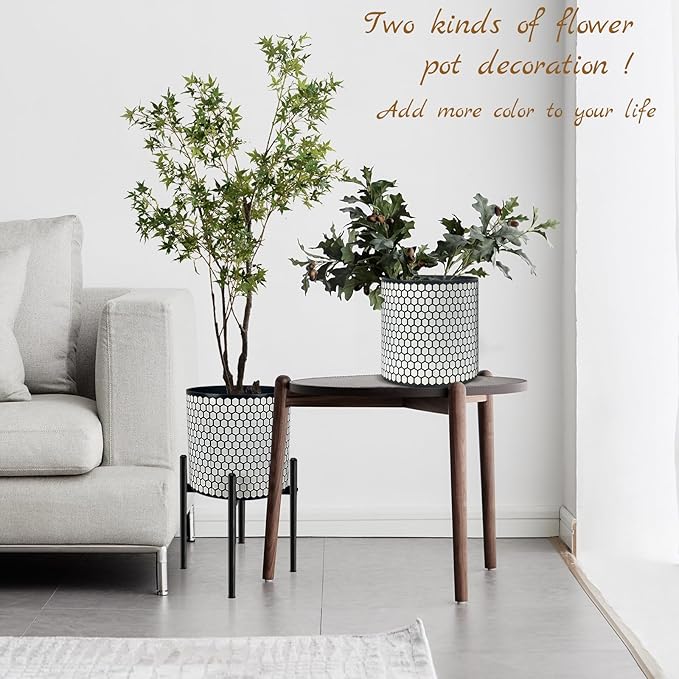 12 Inch Flower Pot Without Bracket with Drainage Holes Suitable for Indoor and Outdoor Decorative Planting (Black White Hexagon, 12 Inches)