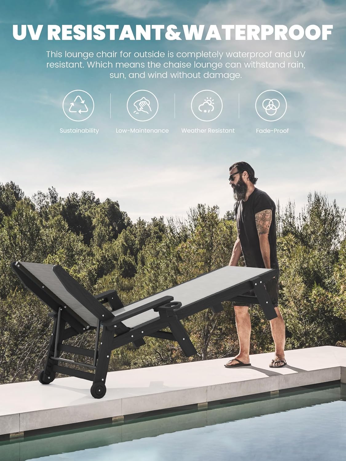 SERWALL Patio Chaise - 5 Position Outdoor Textilene Lounge Chair with Rolling Wheels for Poolside, Deck, Black