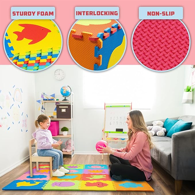 TOYVELT Foam Puzzle Floor Mat for Kids 12x12-16 Interlocking Play Mat Tiles with Colors, Alphabet, ABC - Educational Large Puzzle Foam Floor Tiles for Crawling, Exercise, Playroom, Play Area