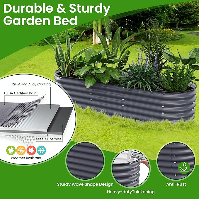Oval Raised Garden Bed for Outdoors - 6.5X2X1.4 FT Galvanized Planter Raised Beds, Metal Planter Box for Vegetables,Flowers, Herbs, and Succulents(Deep Gery)