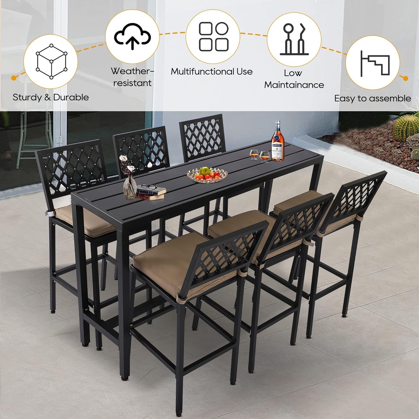 Outdoor Patio Bar Set, Bar Height Patio Dining Set, Weather-Resistant Bistro Counter Pub Set with Cushions & Slatted Tabletop for Backyard, Garden, Yard (63" Table, 6 "X Style Stool, Black)