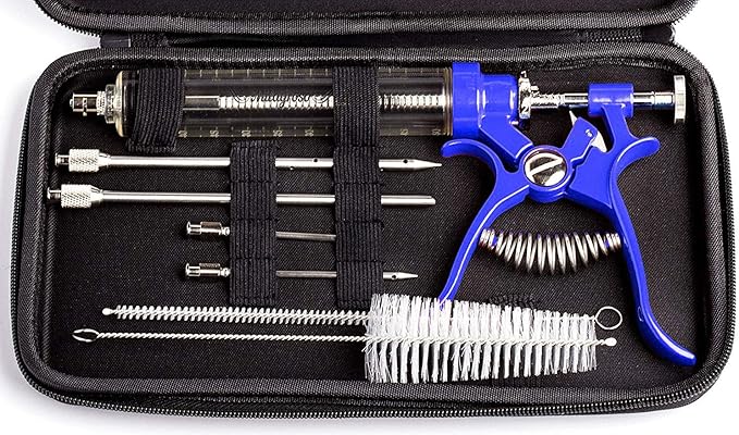 Meat Injector Marinade Gun Stainless Steel Outdoor Kit Flavor Food Syringes & 4 Marinades Needles for BBQ Grill Smoker Injectors Professional Syringe Held Culinary Barbecue Tool (Blue)