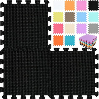qqpp EVA Rubber 18 Tiles Interlocking Puzzle Foam Floor Mats - Baby Play Mat for Playing | Exercise Mat for Home Workout. Black. QC-Db18N