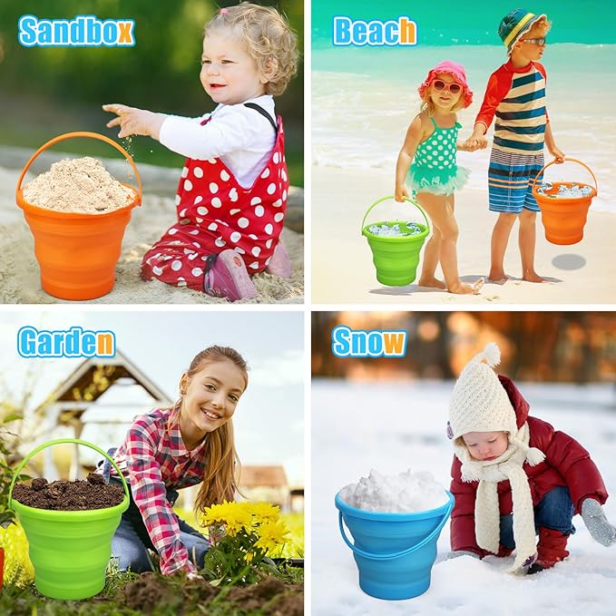 Collapsible Bucket Sandbox Kit Toys for Kids, Foldable Bucket Multi Purpose Sand Pail for Garden Planting Washing Camping Fishing, Beach Essential Travel Toys Summer Activity Fun
