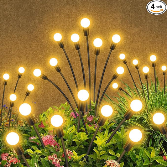 Solar Garden Lights Outdoor Waterproof, 4 Pack 32 LED Decorative Swaying Light, Firefly Light Outdoor Decor Lights for Garden Gifts for Pathway Party Christmas, Warm White