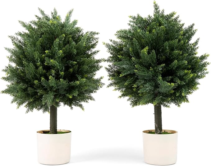 Premium 16" Diameter Artificial Cypress Topiary – Set of 2 Faux Plants in Beige Decorative Planters – UV-Resistant, Weatherproof, Realistic Outdoor & Indoor Greenery