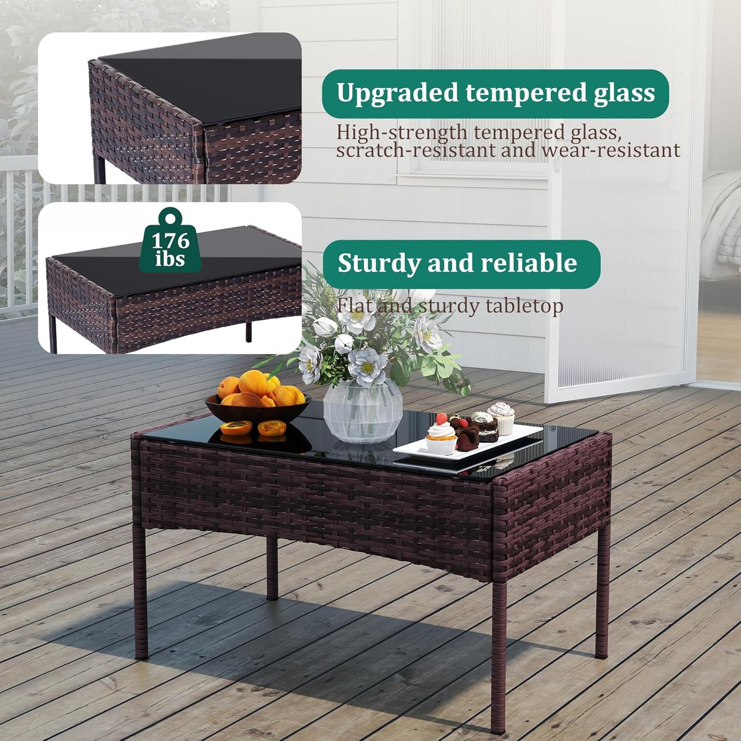 4 Piece Patio Furniture Set - Outdoor Conversation Sets with Coffee Table, Rattan Chair Set for Garden/Poolside, Brown/Beige