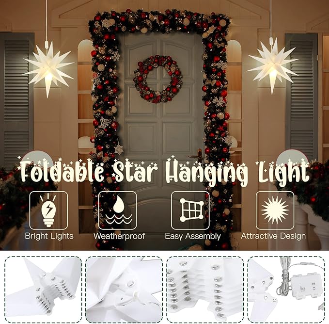 Kingdder 4 Pieces Moravian Star Light LED 3D Star Hanging Light Powered by Battery with Timer Function White Porch Lantern Holiday Decor for Indoor Outdoor Christmas Tree Balcony Courtyard (12 Inch)