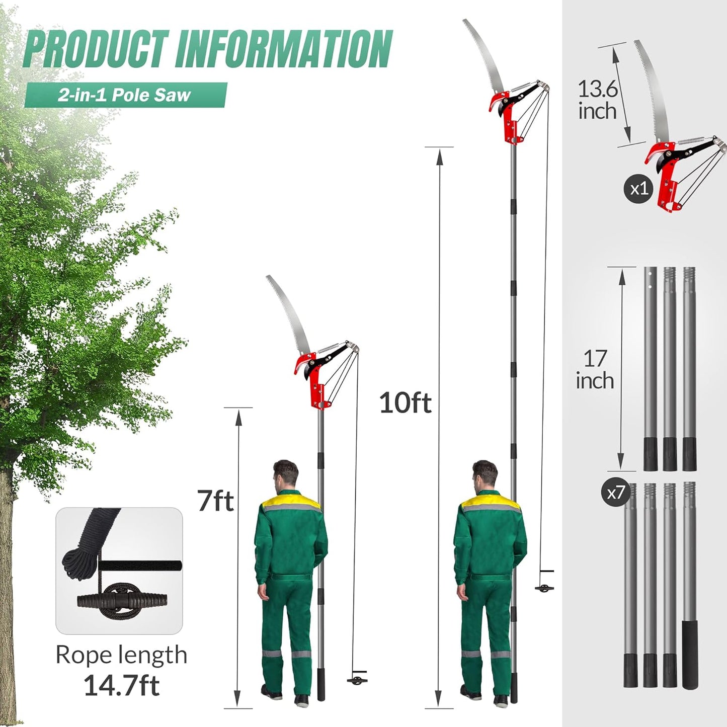 Suchtale 10ft Pole Saw, Manual Tree Pruner with Sharp Steel Blade, Trimmer with Scissors and High Strength Lightweight Handles for Pruning High Branches, Shrubs and Twigs at Forest Yard Garden Patios
