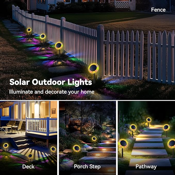 Outdoor Solar Lights, 6 Pack Led Solar Sunflower Lights, Stake/Wall 2-in-1 Waterproof Solar Garden Lights for Yard, Landscape, Fence, Patio, Driveway, Pathway, Backyard Decoration (Colourful)