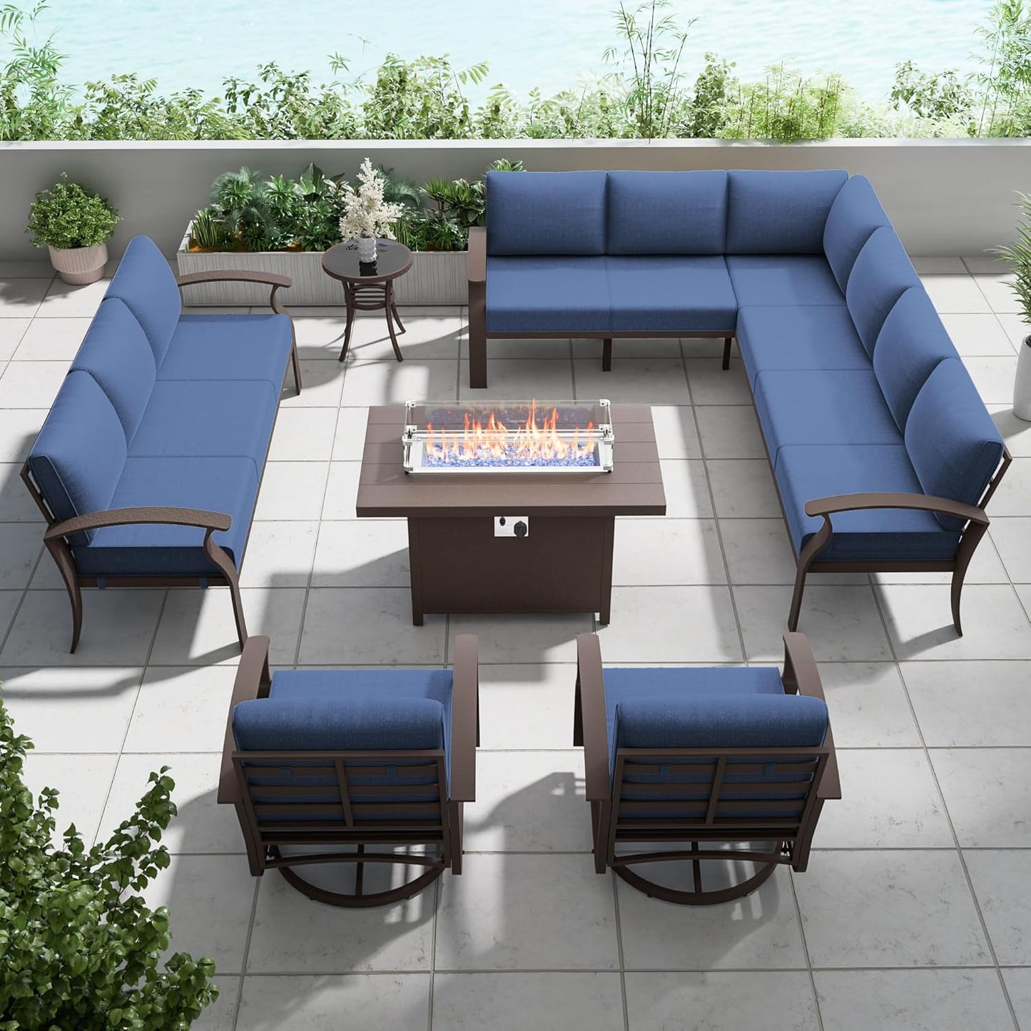 Aluminum Patio Furniture Set with Fire Pit Table, 11 Seats Outdoor Patio Conversation Set with Swivel Chair Modern Metal Patio Sectional Sofa with Coffee Table for Patio, Backyard(Navy Blue).