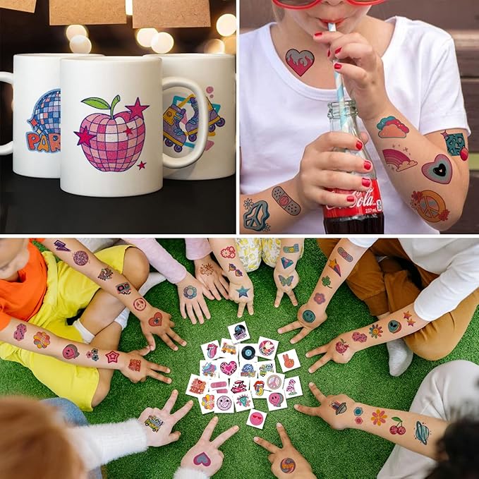 Glitter Groovy 70s Temporary Tattoos for Kids - 74 Individually Sheets Glitter Retro Flower Power, Smiley Decorations Tattoos Stickers for Boys Girls Party Supplies