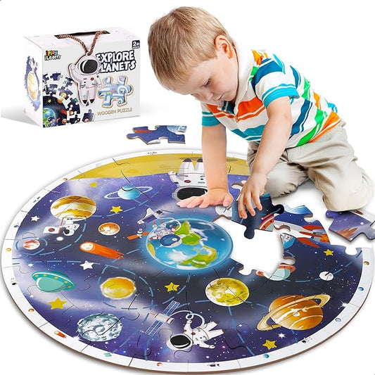 iPlay, iLearn Floor Puzzles for Kids Ages 3-6, Jigsaw Puzzle for kids Ages 4-8, Toddler Large Wooden Learning Toy, Educational Round Planets, Solar System Birthday Gift for 5-7 Year Old Boy Girl Child