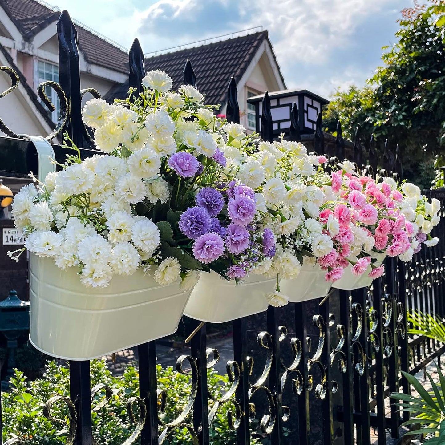 OGIMA 4pcs Hanging Flower Pots, Metal Iron Wall Planter Indoor/Outdoor for Railing Fence Balcony Garden Home Decoration with Detachable Hooks