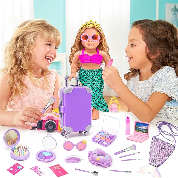 American 18 Inch Doll Makeup Accessories and Travel Set Mermaid, Including Purple Suitcase Luggage Dress Eye Shadow Lipstick Eyelash Brush Dolls Travel Gear Play Set Gift for Birthday (NO Doll)