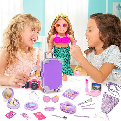 American 18 Inch Doll Makeup Accessories and Travel Set Mermaid, Including Purple Suitcase Luggage Dress Eye Shadow Lipstick Eyelash Brush Dolls Travel Gear Play Set Gift for Birthday (NO Doll)