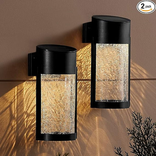 Solar Outdoor Wall Lights Fixture Set of 2 Porch Lights Crackled Glass Diffuser with Warm White LED