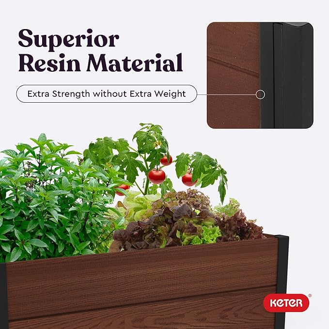 Keter 48" X 48" inches Wood Look Raised Garden Bed, Durable Outdoor Herb Garden Planter for Vegetables, Flowers, and Succulents, Brown