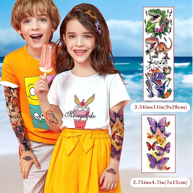 52 Pcs Temporary Tattoo for Kids Full Arm Mermaid Butterfly Cat Truck Dinosaur Rocket Planet Cute Animal Body Face Fake Arm Tattoos for Girls Boys Tiny Tattoo Stickers Birthday Gifts Party Supplies
