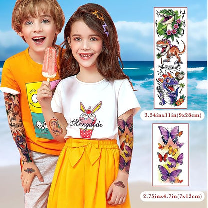 52 Pcs Temporary Tattoo for Kids Full Arm Mermaid Butterfly Cat Truck Dinosaur Rocket Planet Cute Animal Body Face Fake Arm Tattoos for Girls Boys Tiny Tattoo Stickers Birthday Gifts Party Supplies