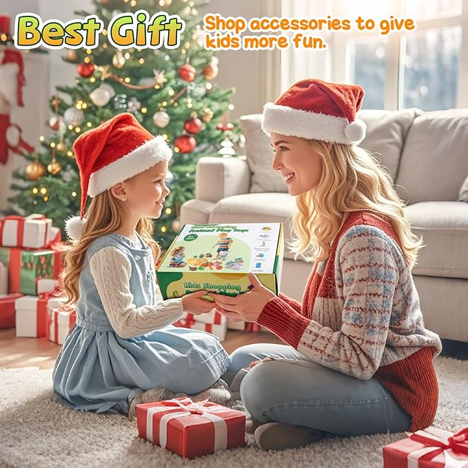 68PCS Grocery Store Play Food Sets for Kids Kitchen, Cutting Toy Food with Shopping Bags Calculator for Kids Toddler Pretend Food with Pizza Veggies Fruits Fake Food Play Kitchen Accessories Girl Gift