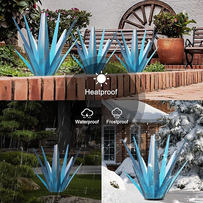 Enlarge Metal Plants Tequila Rustic Sculpture, Outdoor Patio Yard, Home Decor Hand Painted Agave Garden Statue, Outdoor Lawn Ornaments Yard Stakes for Mom Gift (1 Large Blue)
