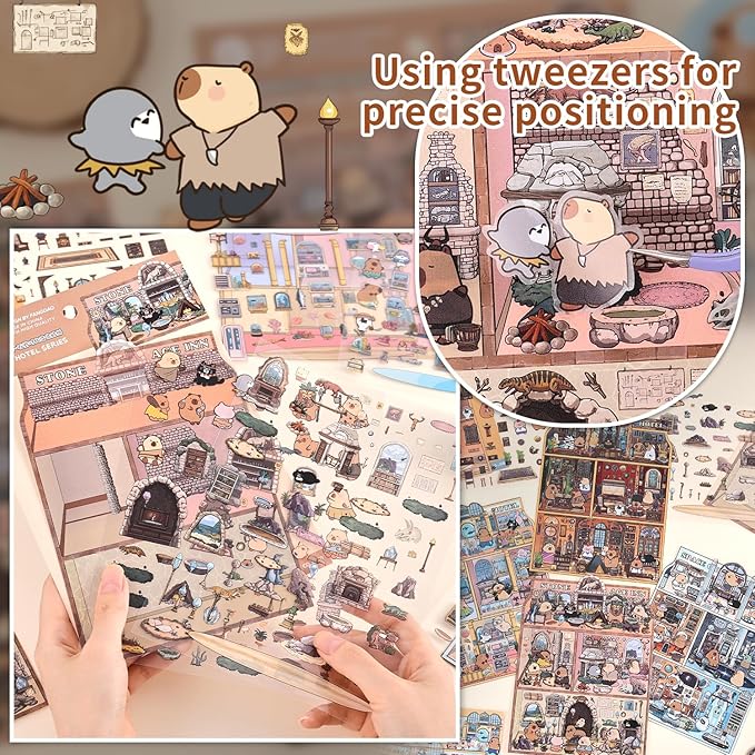 Girls 3D Miniature Scene Stickers,4 Sets Visit the Store DIY House Stickers for Space Cruise,Ocean Hotel,Egypt Hotel,Stone Age,Cute 3D Cartoon Sticker Scenes for Adult Kids Relief Stress Pass The Time