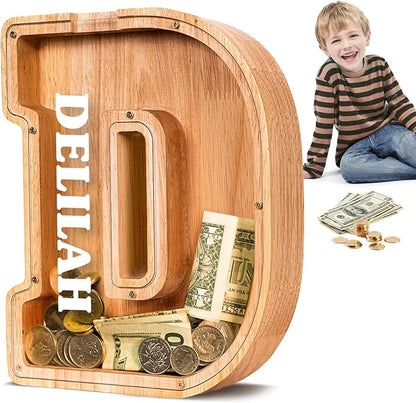 KMC Wooden Letter Piggy Bank, Personalized Initial Piggy Bank for Kids Boys, Clear Alphabet D Wood Money Box, Unbreakable Coin Saving Jar, Birthday, for Children