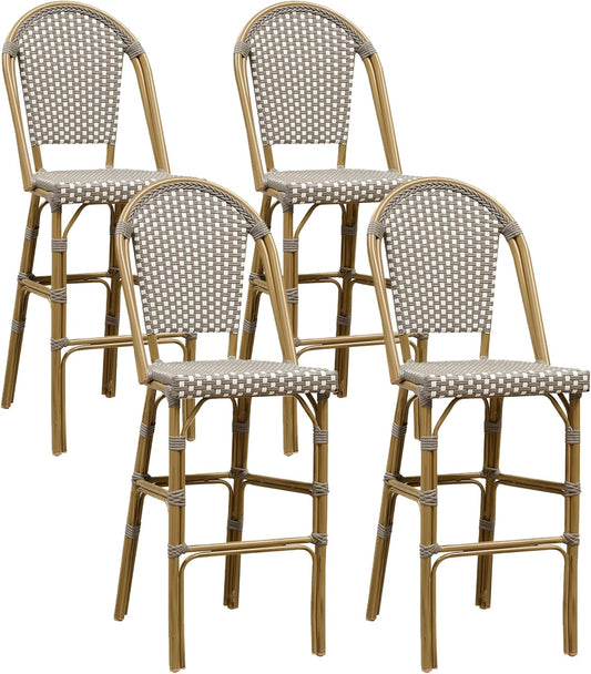 PURPLE LEAF French Bar Stool Set of 4 Bamboo Print Finish Patio Bar Stools with Back Wicker Bar Height Stool 30" with Footrest Kitchen Island Stools Outdoor Barstool Grey