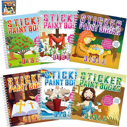 6PCS Bible Paint by Stickers for Kids Ages 4-8 2025 VBS Crafts Sticker by Number Puzzle Activity Book Christian Gift Sunday School DIY Art Kit with Religious Jesus Nativity Tree Noah’s Ark 48 Pictures