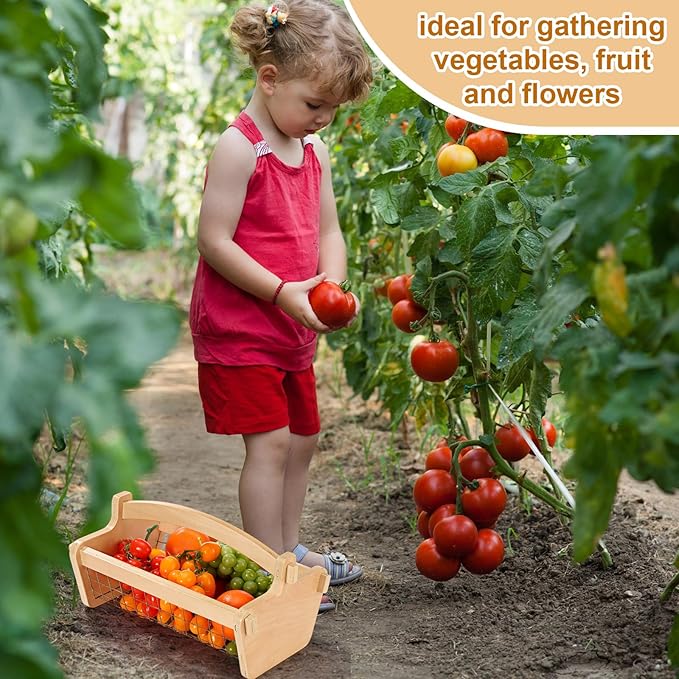 Large Garden Hod Harvest Basket 13 x 9 x 7 Inch, Wooden Harvesting Basket with Handle for Gardening Gathering Gardener Gifts for Wedding Flower Centerpiece Washing Holding Fruits Vegetables