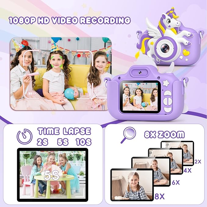 Kids Camera Toys Digital Camera for Kids, Christmas Birthday Gifts for Girls Age 3-12, Selfie 1080P HD Video Digital Camera for 3 4 5 6 7 8 9 10 Year Old Girls with 32GB SD Card