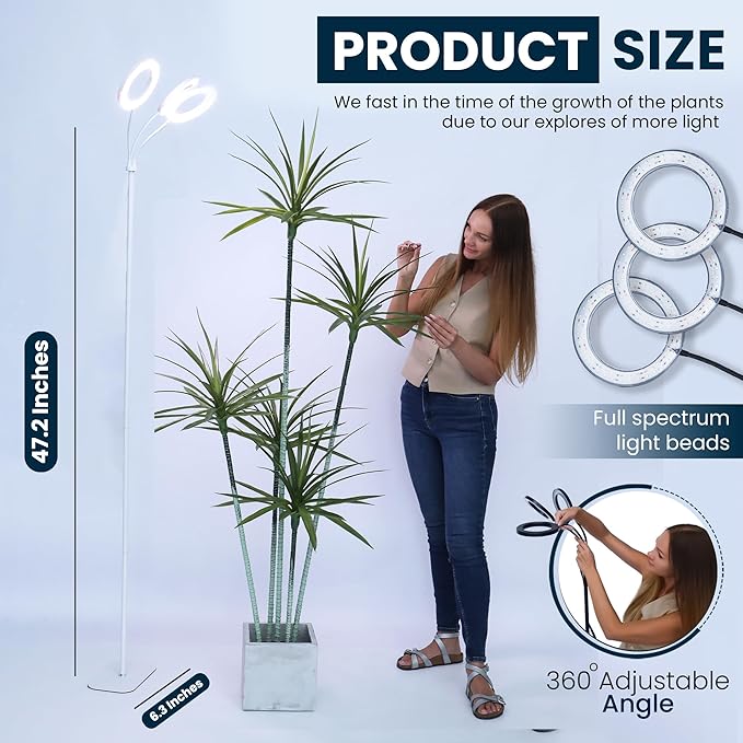 Hanging Grow Light for Indoor Plants with Warm Colors, Full Spectrum Plant Standing Lamp for Seeding Small and Large Plants with 3 Heads, Auto On/Off Timer and Adjustable Tripod Stand– 30 Watts