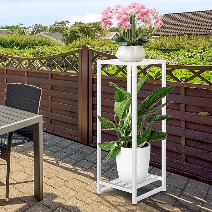 Plant Stand Indoor Outdoor, Wrought Iron Pedestal Stands 2 Tier Heavy Duty Metal Plant Stand Decorative Flower Stand for Patio Garden Deck Living Room, White