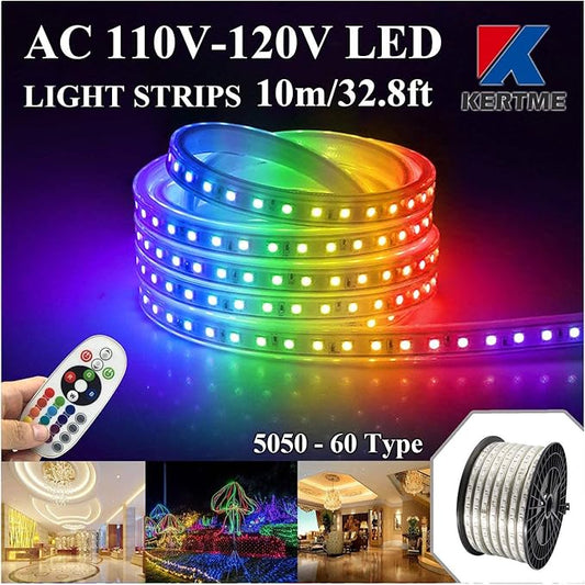 5050-60 Type AC 110-120V RGB LED Strip Lights, Flexible/Waterproof/Dimmable/Multi-Colors/Multi-Modes LED Rope Light + 24 Keys Remote for Home/Garden/Building Decoration (32.8ft/10m, RGB)