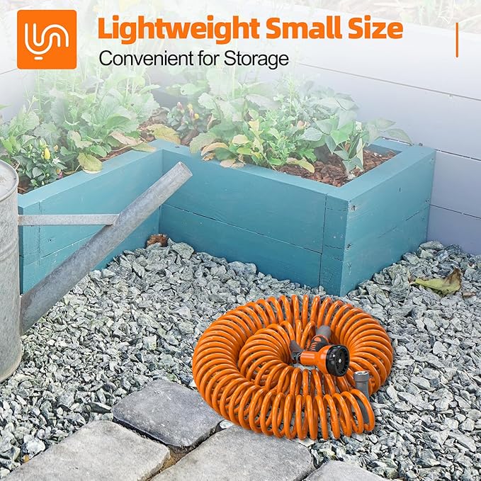 3/8” Lightweight Coil Garden Hose 75 FT, EVA Retractable Curly Water Pipe with 6-Pattern Spray Nozzle for Boat, Greenhouse, Yard, Patio (Orange)