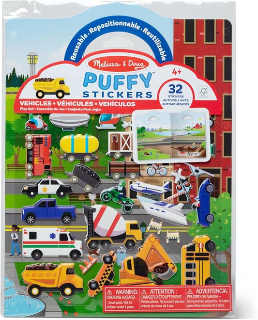 Melissa & Doug Vehicles Puffy Sticker Play Set Travel Toy with Double-Sided Background, 32 Reusable Puffy Stickers