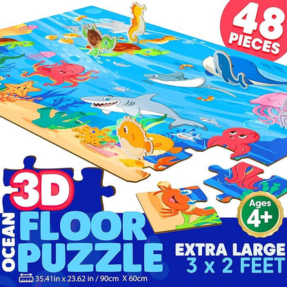 3D Ocean Floor Puzzles for Kids – Extra-Large 48 Piece Floor Puzzle for Kids Ages 3-5 & 4-6 | Jumbo Floor Puzzle with 7 Stand-Up Sea Animals, Big 5" Pieces | Educational Toddler Floors Puzzle Gift