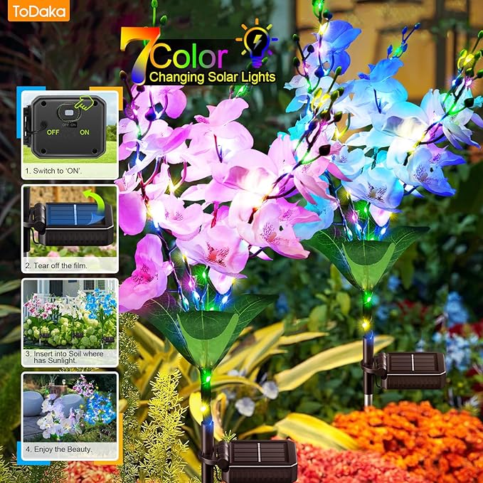 Solar Garden Lights Outdoor Decor, 3 Pack Newest Version Phalaenopsis Orchid Flower Solar Lights for Outside, 240 LED Colorful Waterproof Solar Lights Outdoor for Yard Patio Decor, Gift for Mom
