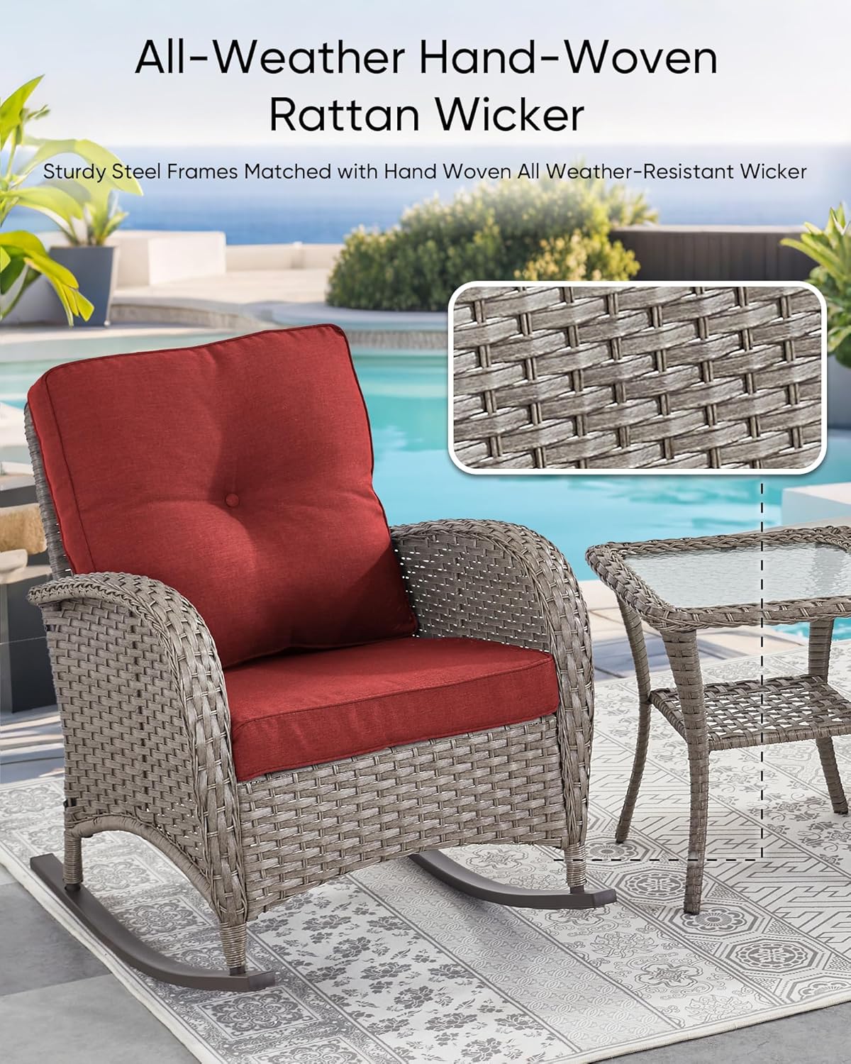 HUMMUH Outdoor Bistro Set-High Back Outdoor Rocking Chair with Side Table Patio Table and Chairs Set for Deck Lawn Porch Balcony Poolside-Grey/Red