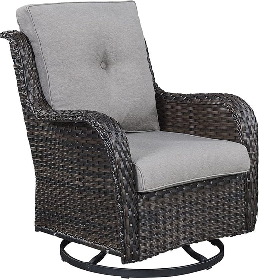 Outdoor Patio Swivel Rocker Chairs - Single Wicker Rattan Patio Swivel Rocking Chair with High Back,Deep Seating and Comfort Cushions for Deck Porch Garden,Brown/Grey