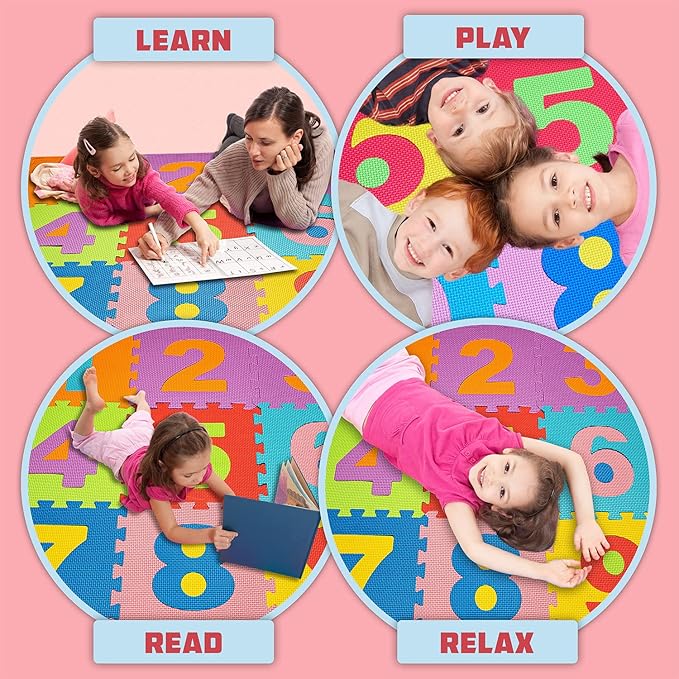 TOYVELT Foam Play Mat for Baby Kids 12x12-10 Interlocking Foam Puzzle Floor Mat Tiles EVA Non Toxic for Crawling, Exercise, Playroom, Play Area, Baby Nursery - Numbers